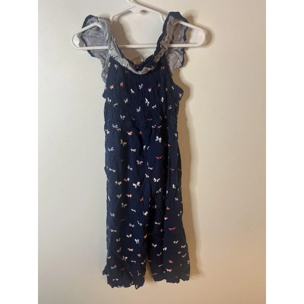 Vince‎ Camuto Jumpsuit Girls 5 Navy Blue Ruffle Strap Smocked Butterfly Print